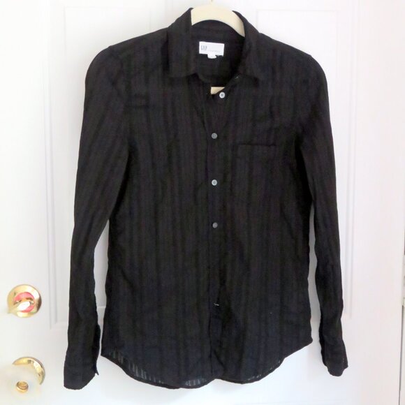 Gap Black Size XS Crinkle Fitted Boyfriend 100% Cotton Button Up Shirt Blouse XS - Picture 2 of 14